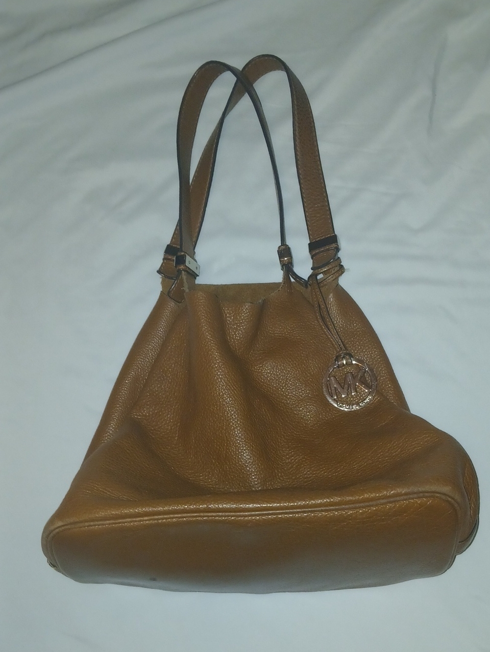 Michael Kors Brown Pebbled Leather Shoulder Bag with MK Charm